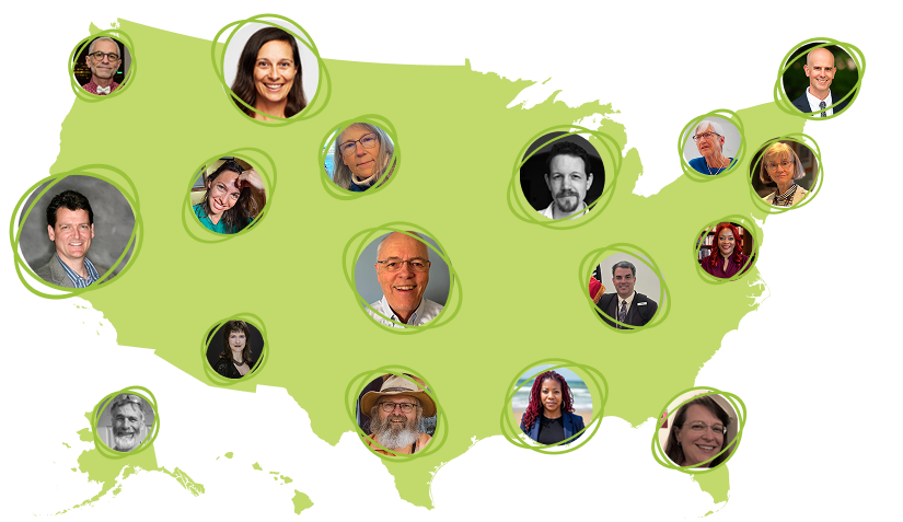 Map of the United States dotted with portraits of CCL volunteers from across the country