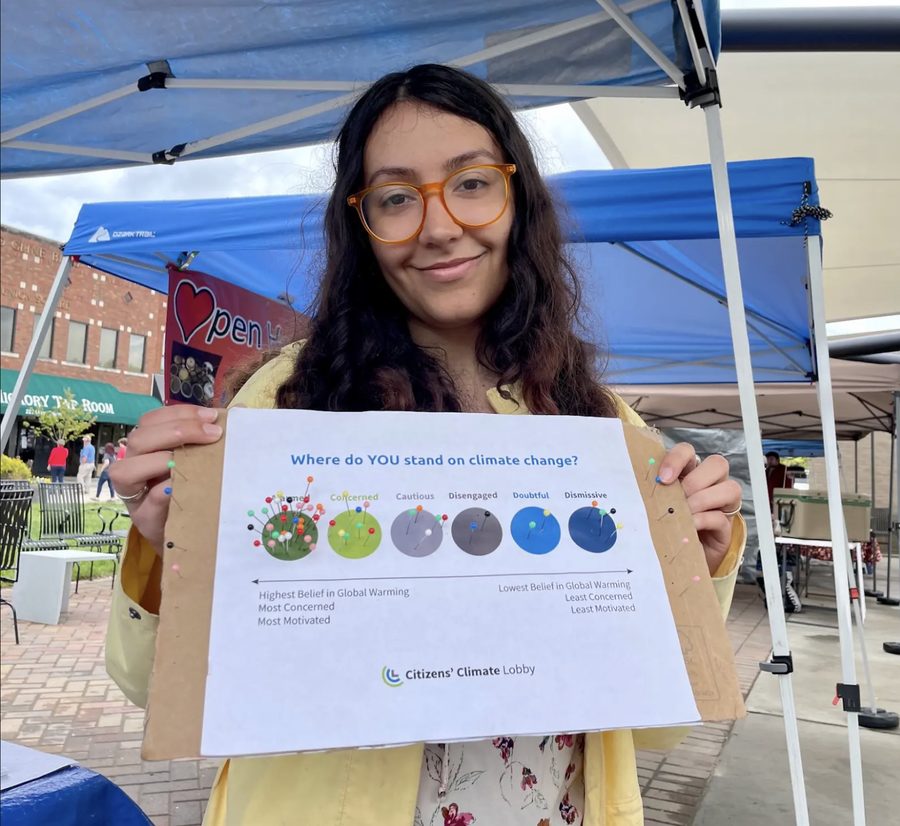A volunteer holding up a Where do you stand on climate change? poster