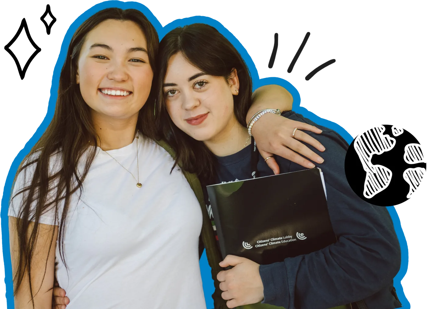 Two smiling young CCL volunteers with their arms around each other, one holding a Citizens&rsquo; Climate Lobby folder